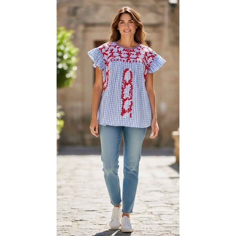 Layers Clothing Plaid Floral Embroidered Top Boho Chic Cottagecore 100 cotton XL